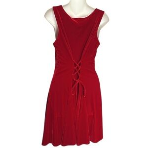Vintage 90s Sleeveless Red Velvet Fit & Flare Skater Dress Corset Back Size 9/10